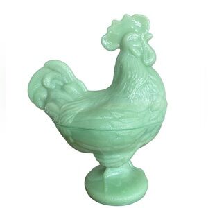 Vintage Jadeite Depression Style Glass Nesting Rooster Candy Dish